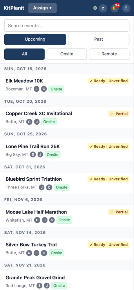 kitPlanit race list on a phone